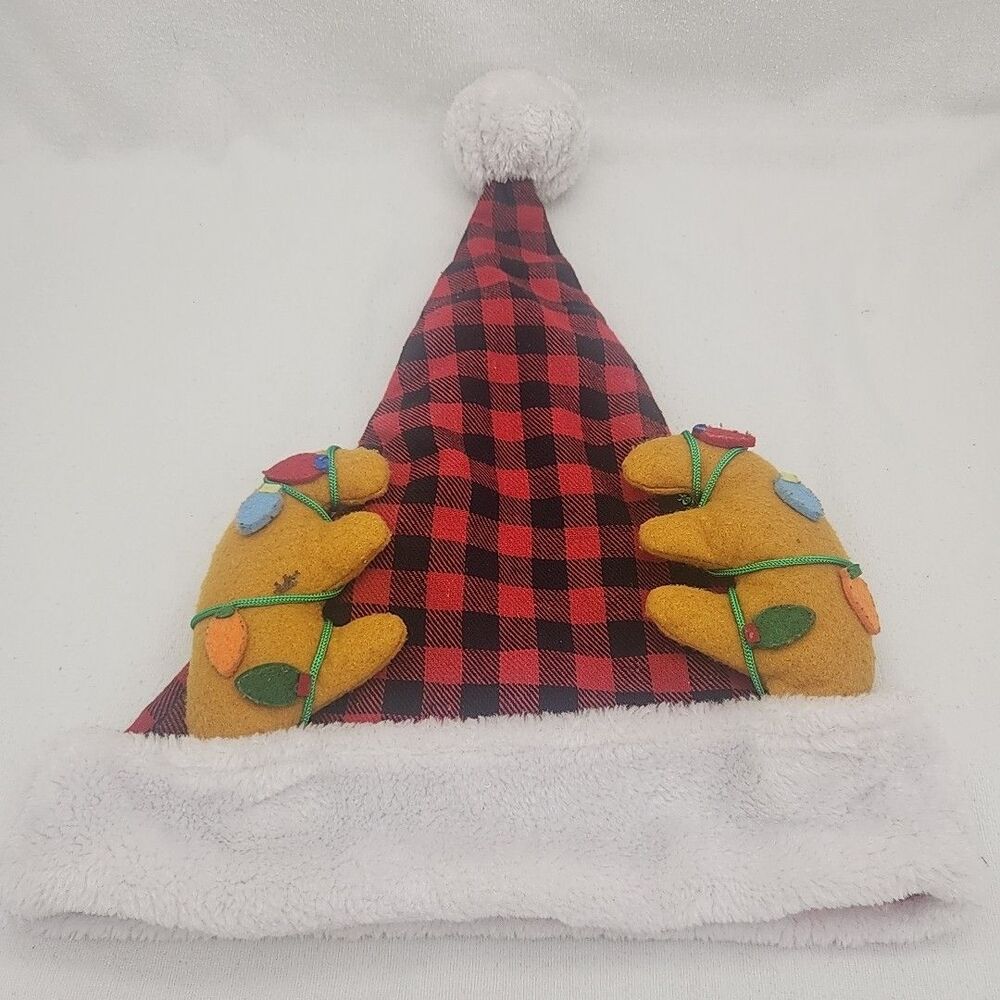 Hat Plaid Antler With Lights Adult Santa Elf Christmas Cap ST. NICK'S CHOICE